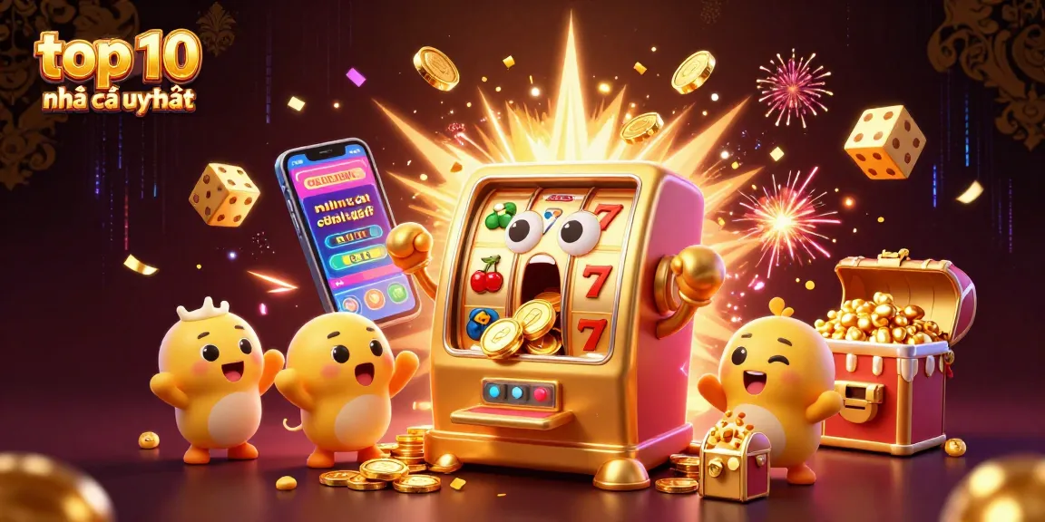 A colorful scene showcasing top 10 nhà cái uy tín characters celebrating a jackpot with coins and symbols in a lively casino environment.
