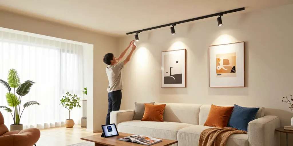 Iluminare modernă cu sina magnetică, designer ajustând spoturi LED într-un interior elegant.