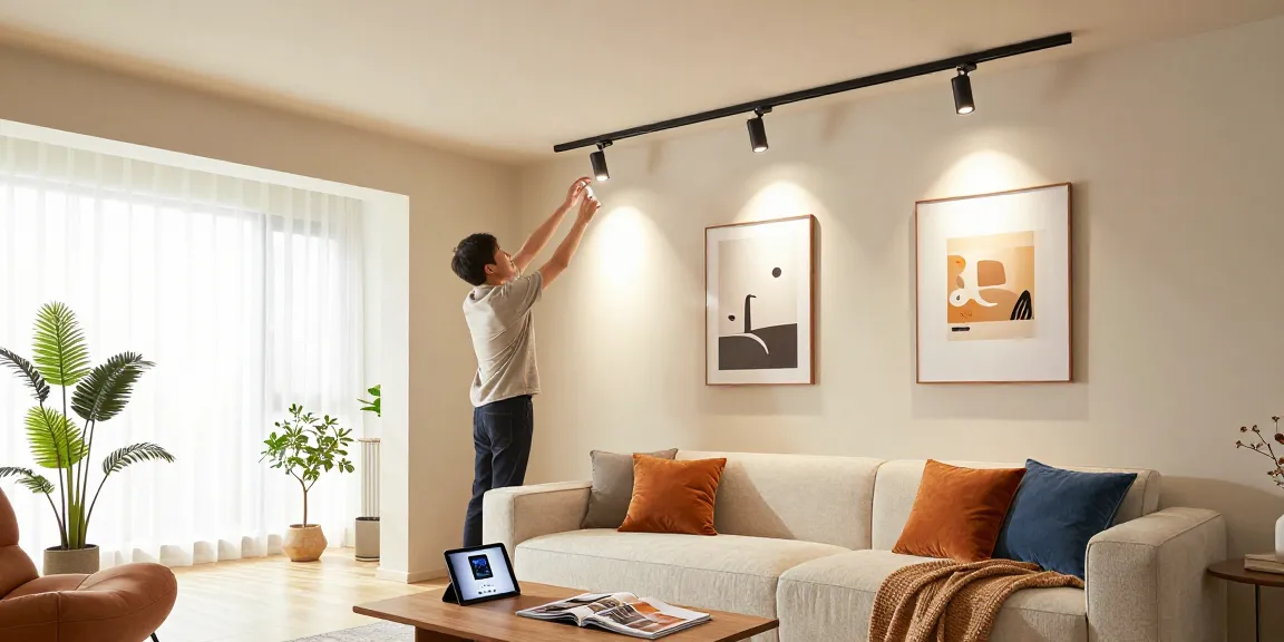 Iluminare modernă cu sina magnetică, designer ajustând spoturi LED într-un interior elegant.