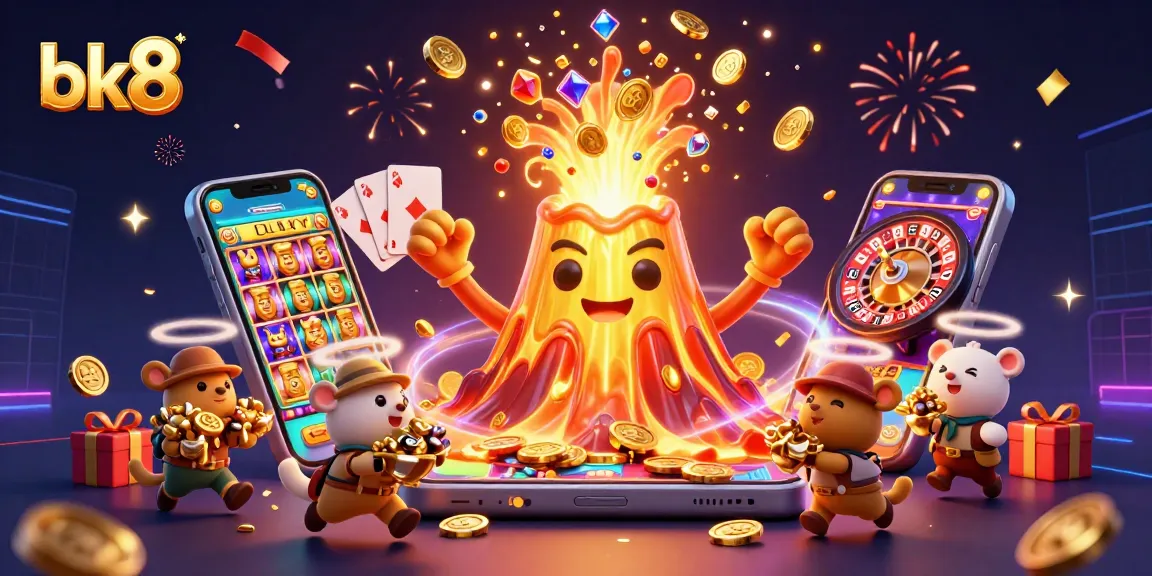Spin to win at bk8 with vibrant slots and treasure erupting from a golden volcano.