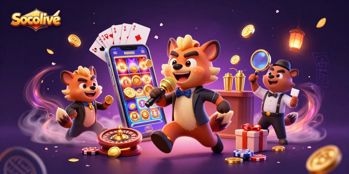 Socolive's vibrant casino scene with hyena characters entertaining, featuring slot games and dynamic elements