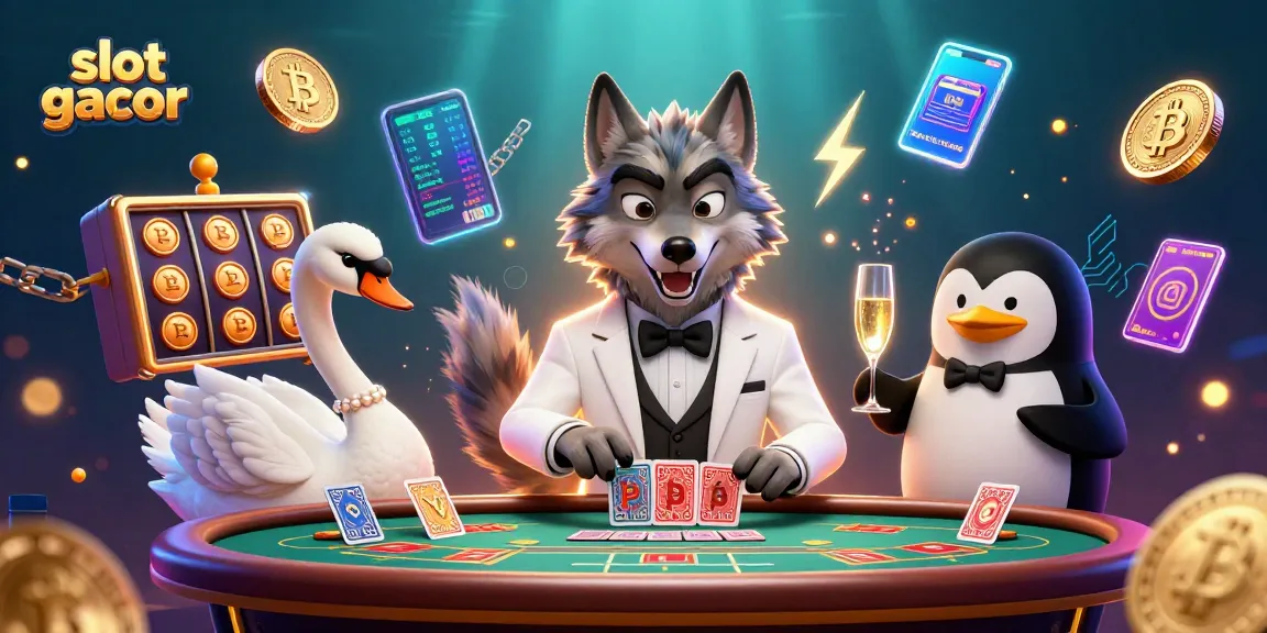 Experience high-stakes gaming with slot gacor as a debonair wolf plays baccarat amidst dazzling casino elements.