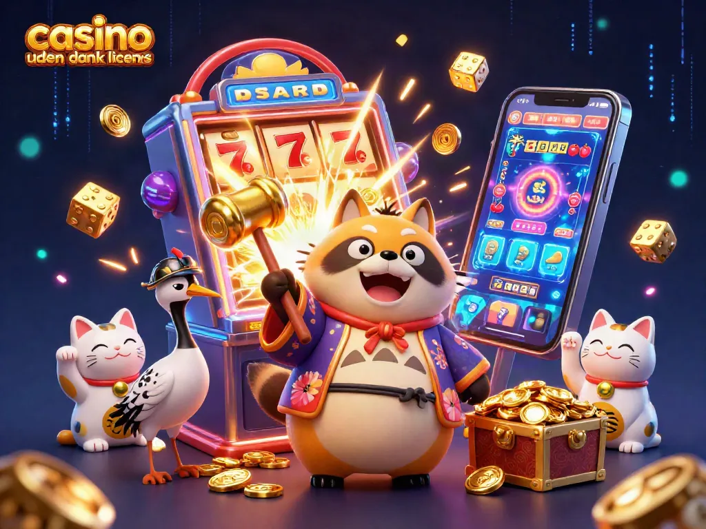 Play at casino uden dansk licens with cheerful tanuki and lucky symbols in this vibrant illustration.