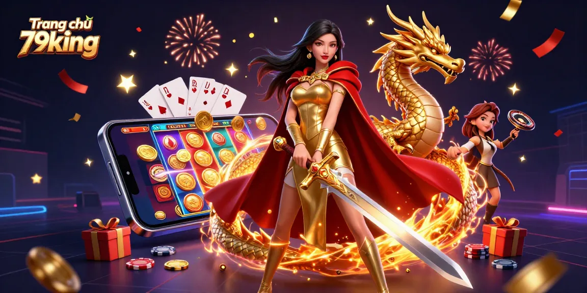 Spin the reels and win big with Trang chủ 79king in this vibrant casino-themed digital illustration.