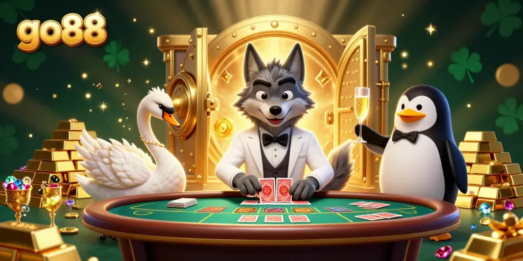 Join the excitement with go88 at a baccarat table, featuring enchanting characters and rich treasure elements.