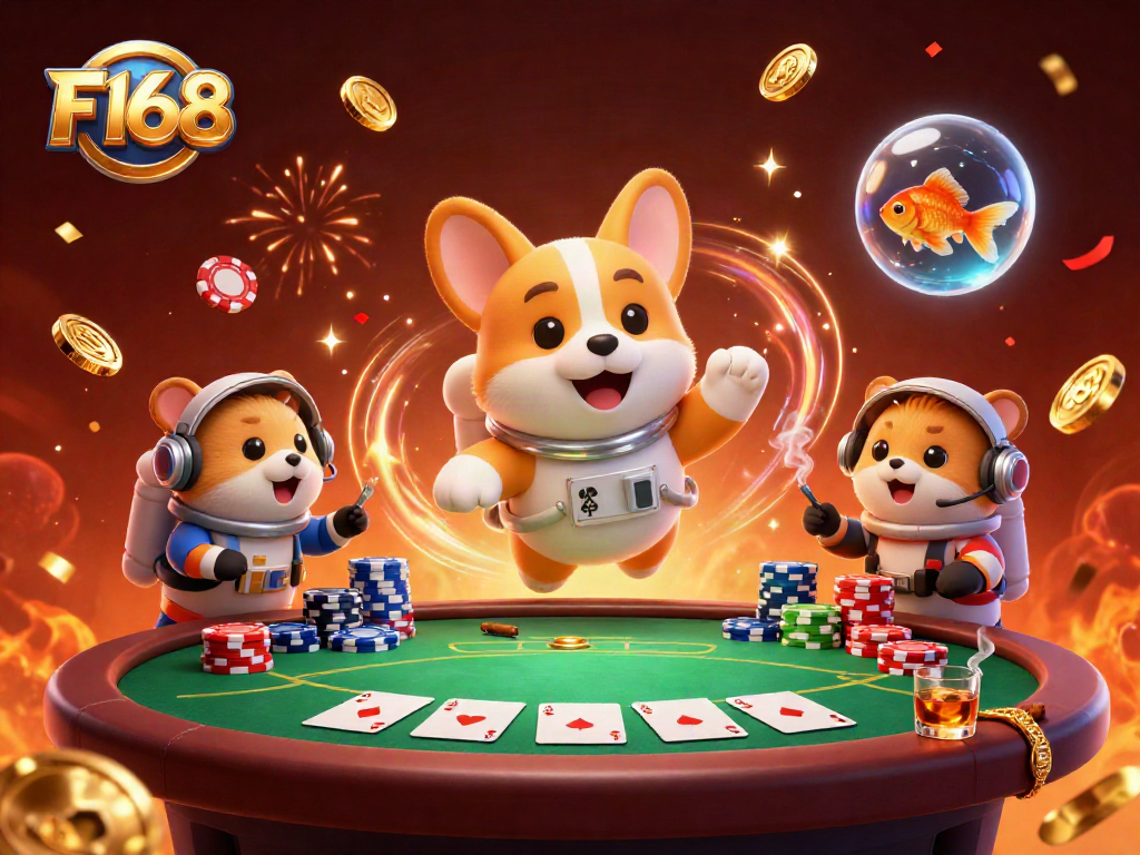 Experience the excitement of F168 in this vibrant casino scene featuring floating poker chips and characters.