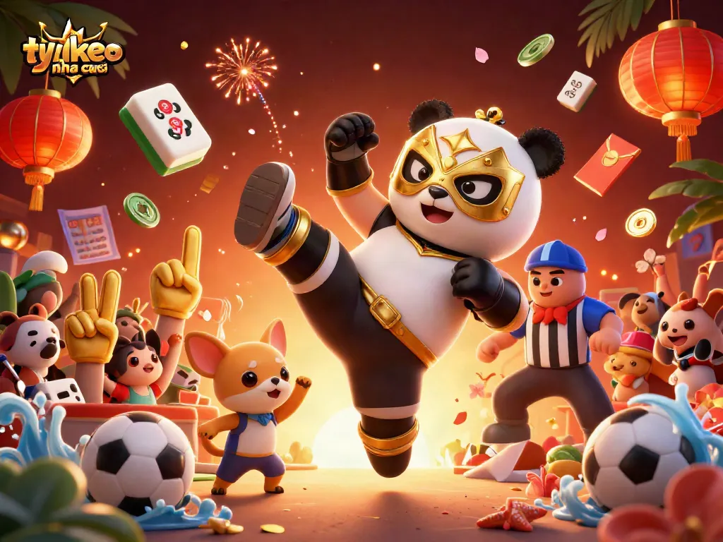 Catch the energy of ty le keo nha cai as a panda wrestler performs a flying kick surrounded by cheering fans.