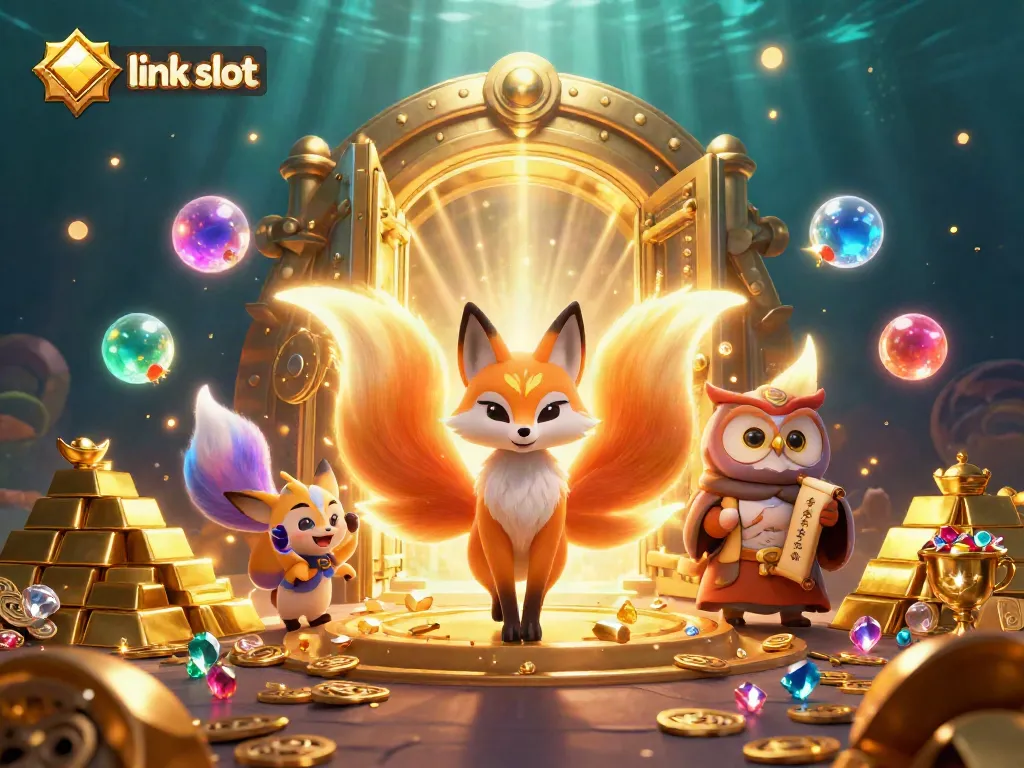 Play the exciting link slot games featuring glowing characters and treasure amidst vibrant colors.