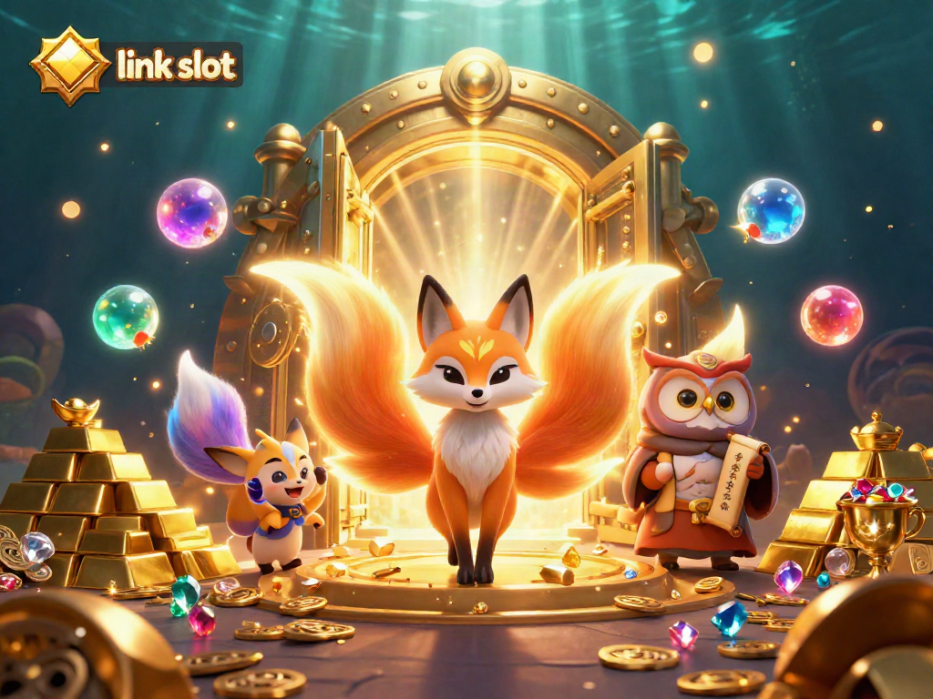 Play the exciting link slot games featuring glowing characters and treasure amidst vibrant colors.