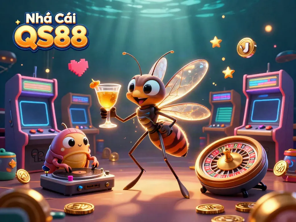 Experience the excitement of Nhà Cái QS88 with vibrant gaming characters and casino elements.