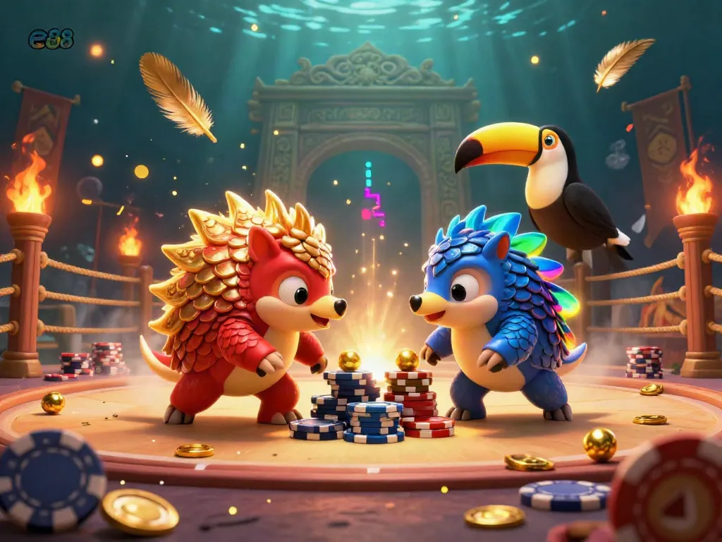 Engage in thrilling gambling action with ea88 as pangolins roll through poker chips in this vibrant 3D illustration.