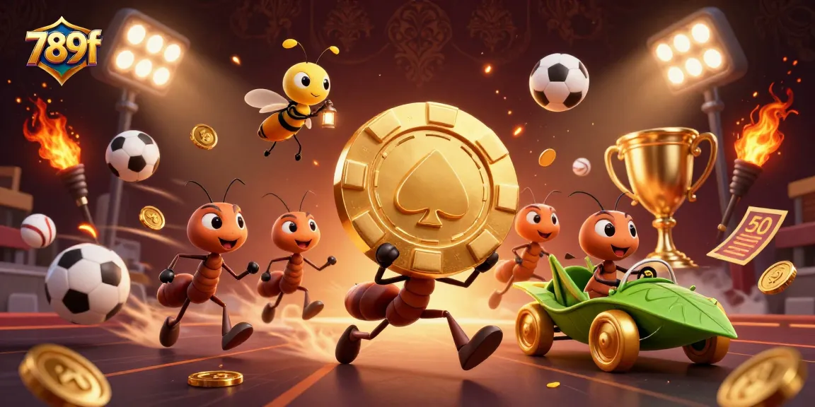 Experience the dynamic heist at 789f with ants and golden poker chip, set in a rich casino scene.
