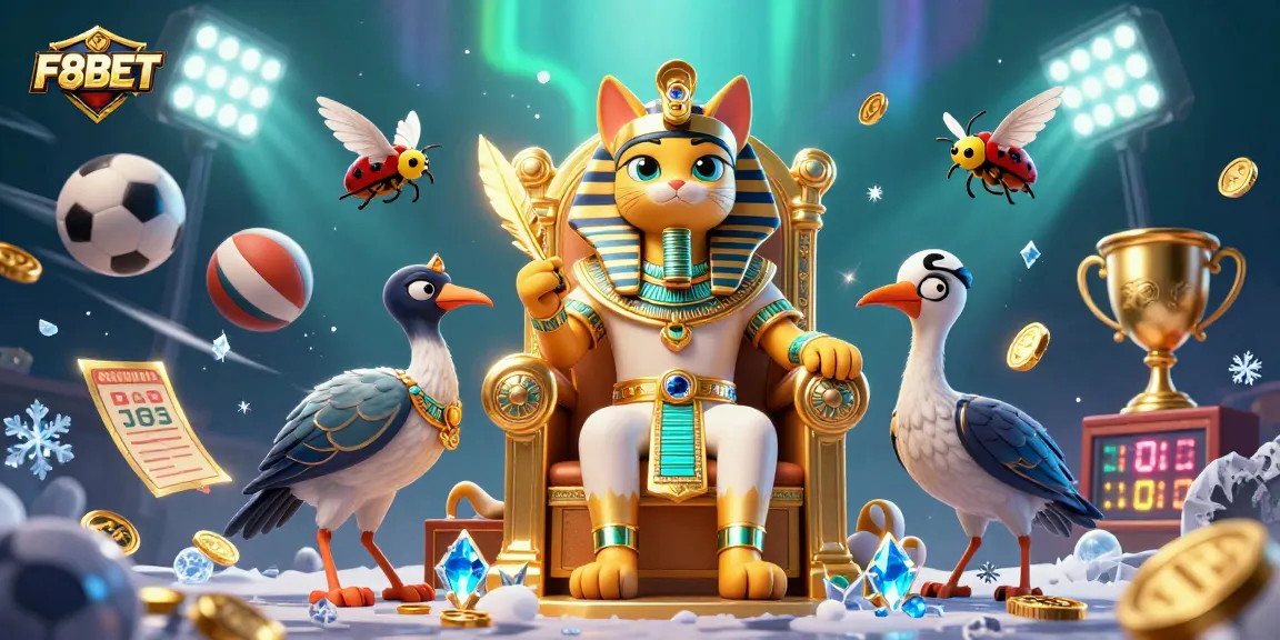 Bet big with F8BET as 3D Egyptian pharaoh cat reigns over sports glory and treasure.