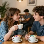 Captivating scene of two friends enjoying coffee and smiles while experiencing a crush on each other in a cozy café.