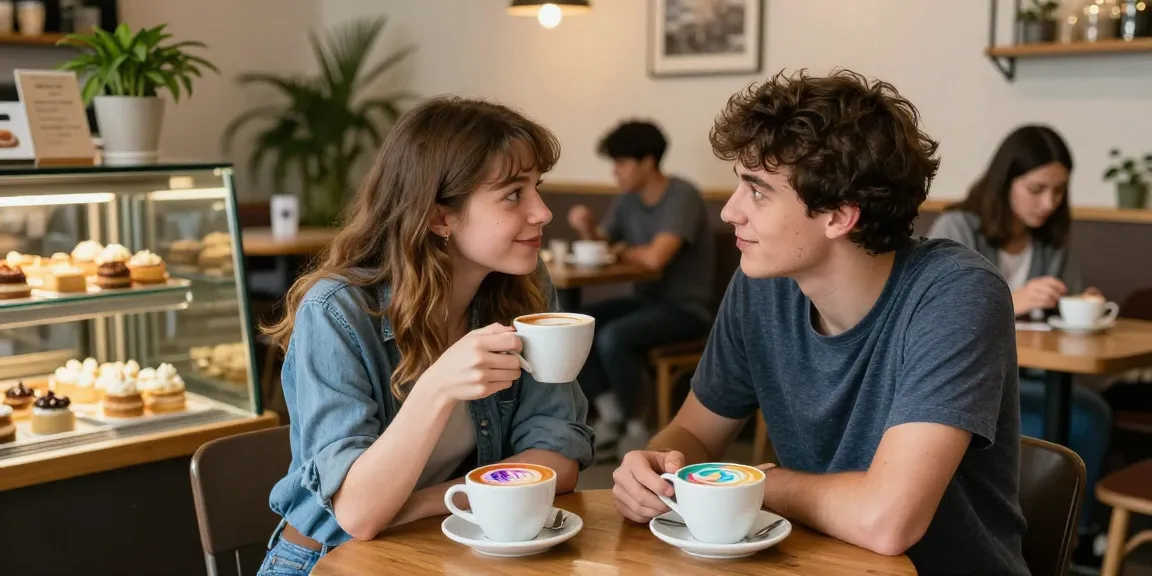 Captivating scene of two friends enjoying coffee and smiles while experiencing a crush on each other in a cozy café.