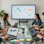 Professional team collaboration in a modern office featuring the WPS Official Website interface on laptops.