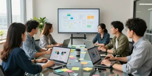 Professional team collaboration in a modern office featuring the WPS Official Website interface on laptops.