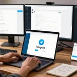 Using Telegram Web Version in a modern workspace with dual monitors and cozy decor.