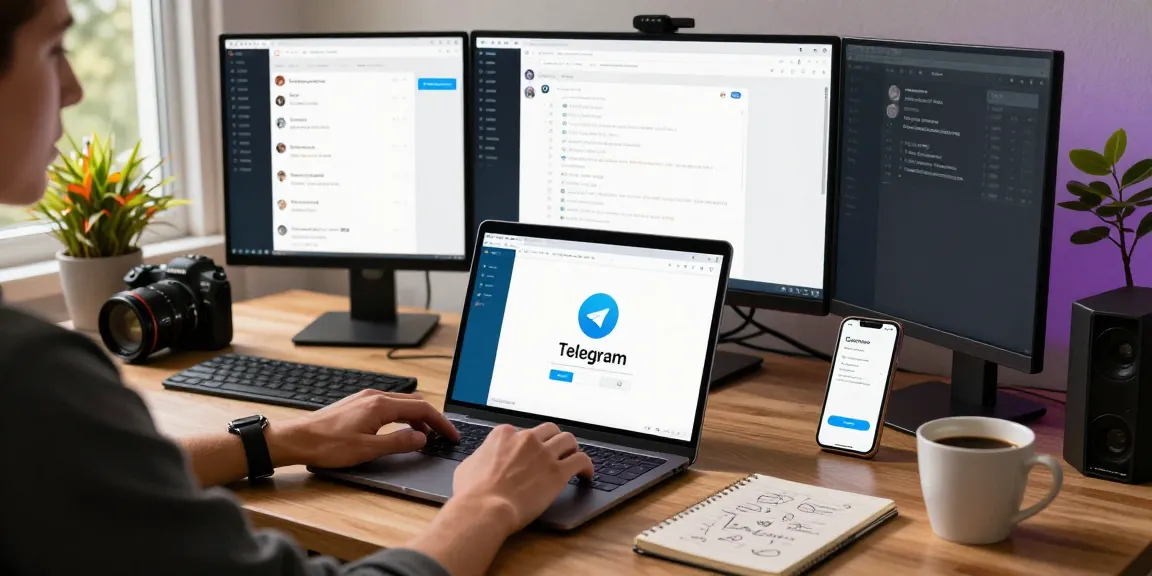 Using Telegram Web Version in a modern workspace with dual monitors and cozy decor.